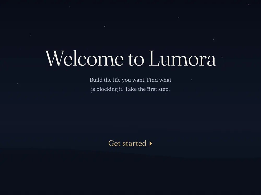 Lumora welcome screen: Welcome to Lumora over a night sky, with a Get started link.